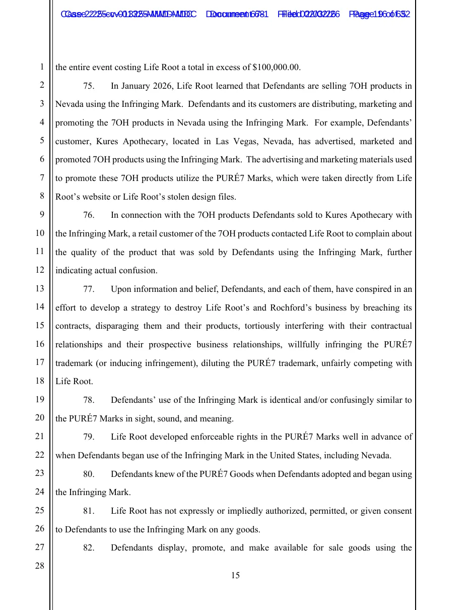 Page 15 of a federal complaint, paragraphs 75 and 76: Defendants' customer, Kures Apothecary, located in Las Vegas, Nevada, has advertised, marketed and promoted 7OH products using the Infringing Mark.