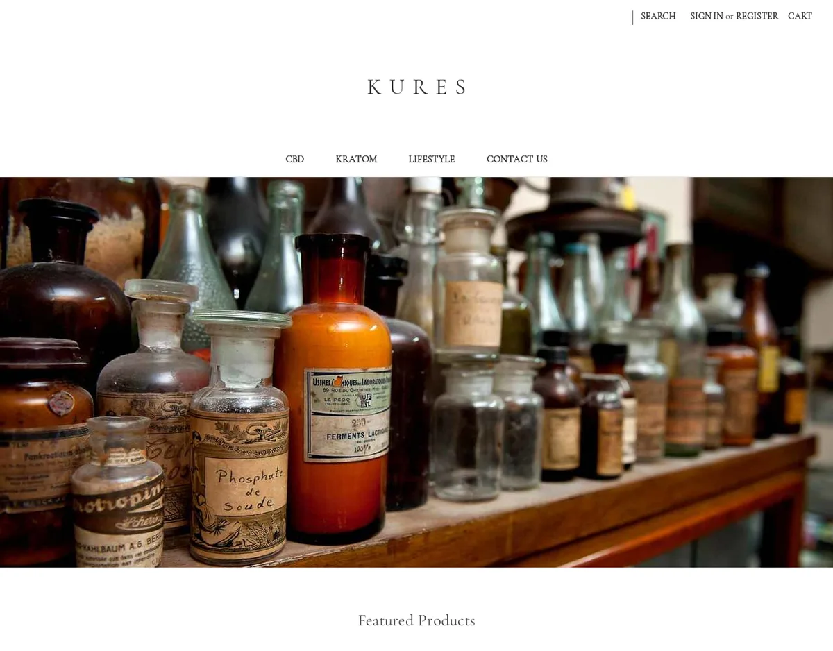 The Kures home page in August 2020: the word KURES in spaced capitals, a menu of CBD, Kratom, Lifestyle and Contact Us, over a photograph of antique apothecary bottles.