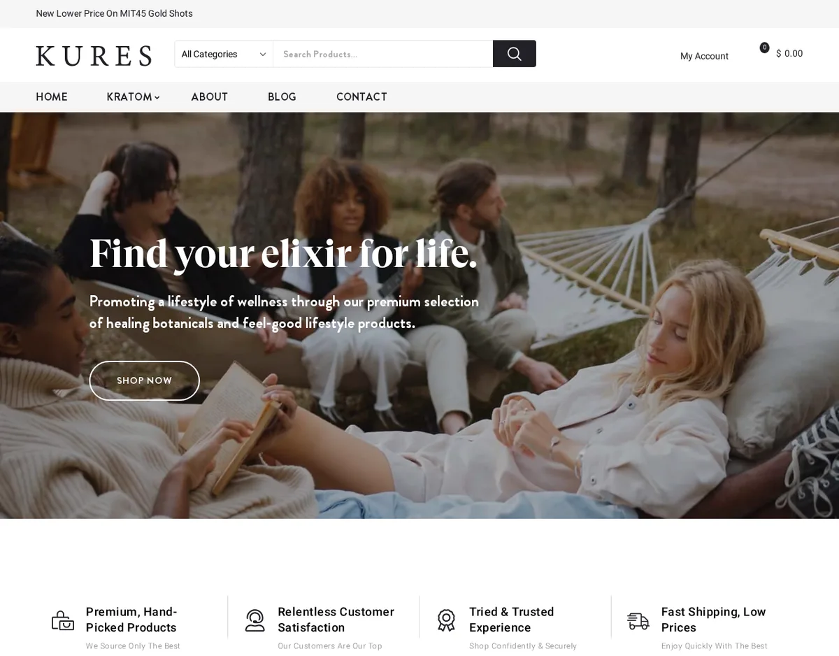 The Kures home page in August 2022: a banner reading Find your elixir for life over people relaxing in hammocks, and a top line, New Lower Price On MIT45 Gold Shots.