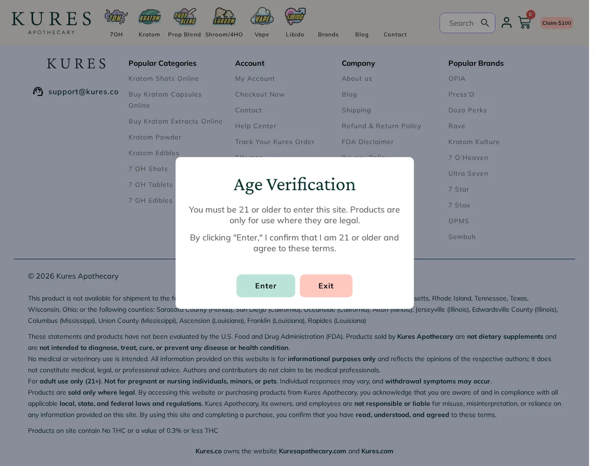The foot of the October 2026 home page behind an Age Verification box: a list of states and counties the store does not ship to, an FDA disclaimer, and the line Kures.co owns the website Kuresapothecary.com and Kures.com.