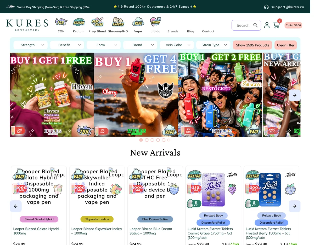 The Kures home page in October 2026: a menu of 7OH, Kratom, Prop Blend, Shroom/4HO, Vape and Libido, a filter bar offering 1595 products, and banners for Haven 7-OH bottles and buy-one-get-four nicotine vapes.