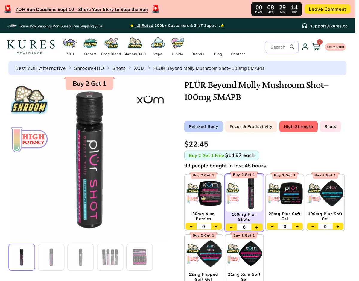 A Kures listing in September 2026: PLUR Beyond Molly Mushroom Shot, 100mg 5MAPB, a black vial, under the breadcrumb Best 7OH Alternative, Shroom/4HO, Shots.