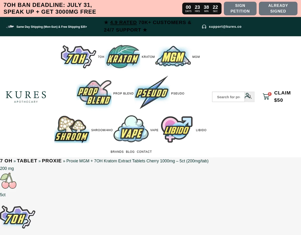 A Kures product page in July 2026: a banner reading 7OH Ban Deadline July 31, Speak Up + Get 3000mg Free, with Sign Petition buttons, a menu including MGM, and the breadcrumb Proxie MGM + 7OH Kratom Extract Tablets Cherry 1000mg.