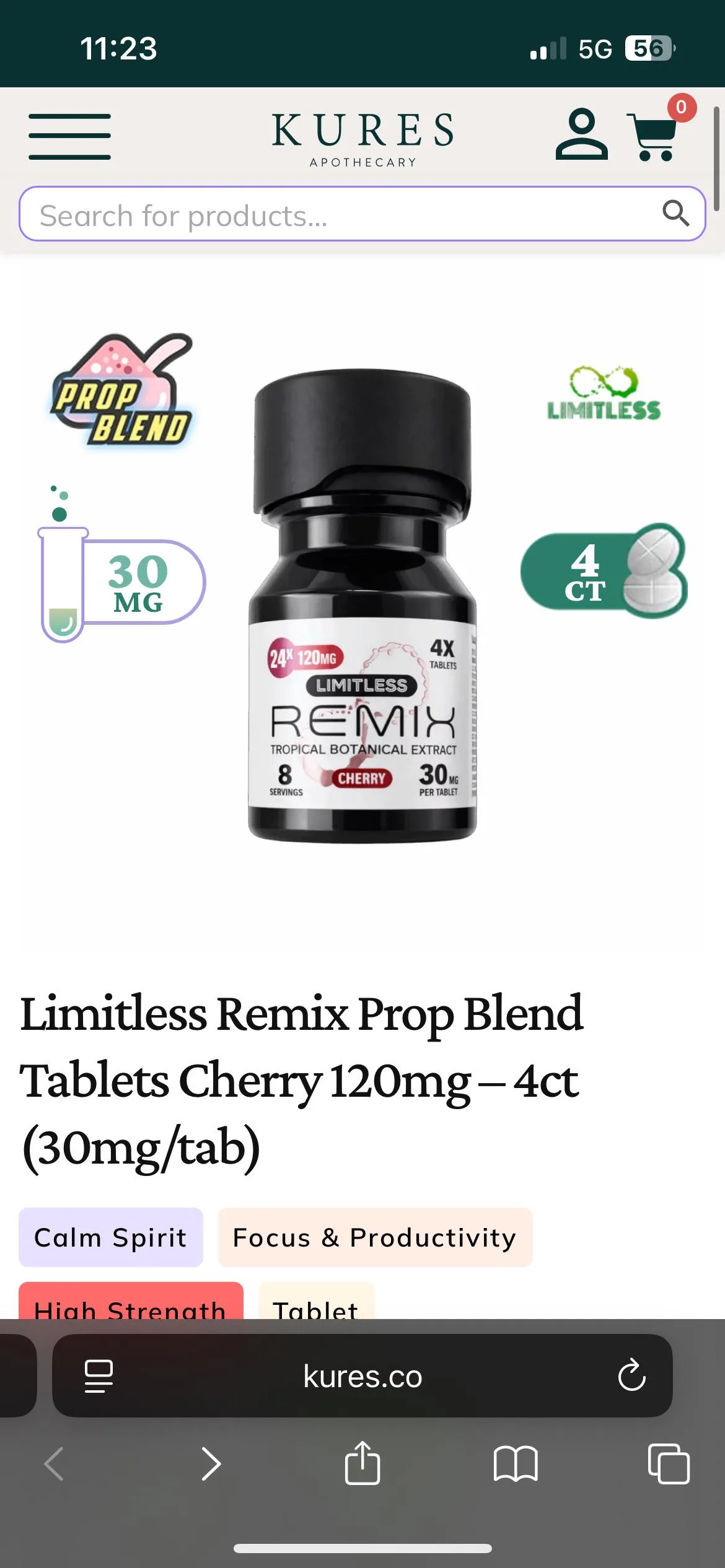 A phone screenshot of a Kures listing: Limitless Remix Prop Blend Tablets Cherry 120mg, 4ct, with a Prop Blend badge beside a bottle labelled Tropical Botanical Extract.