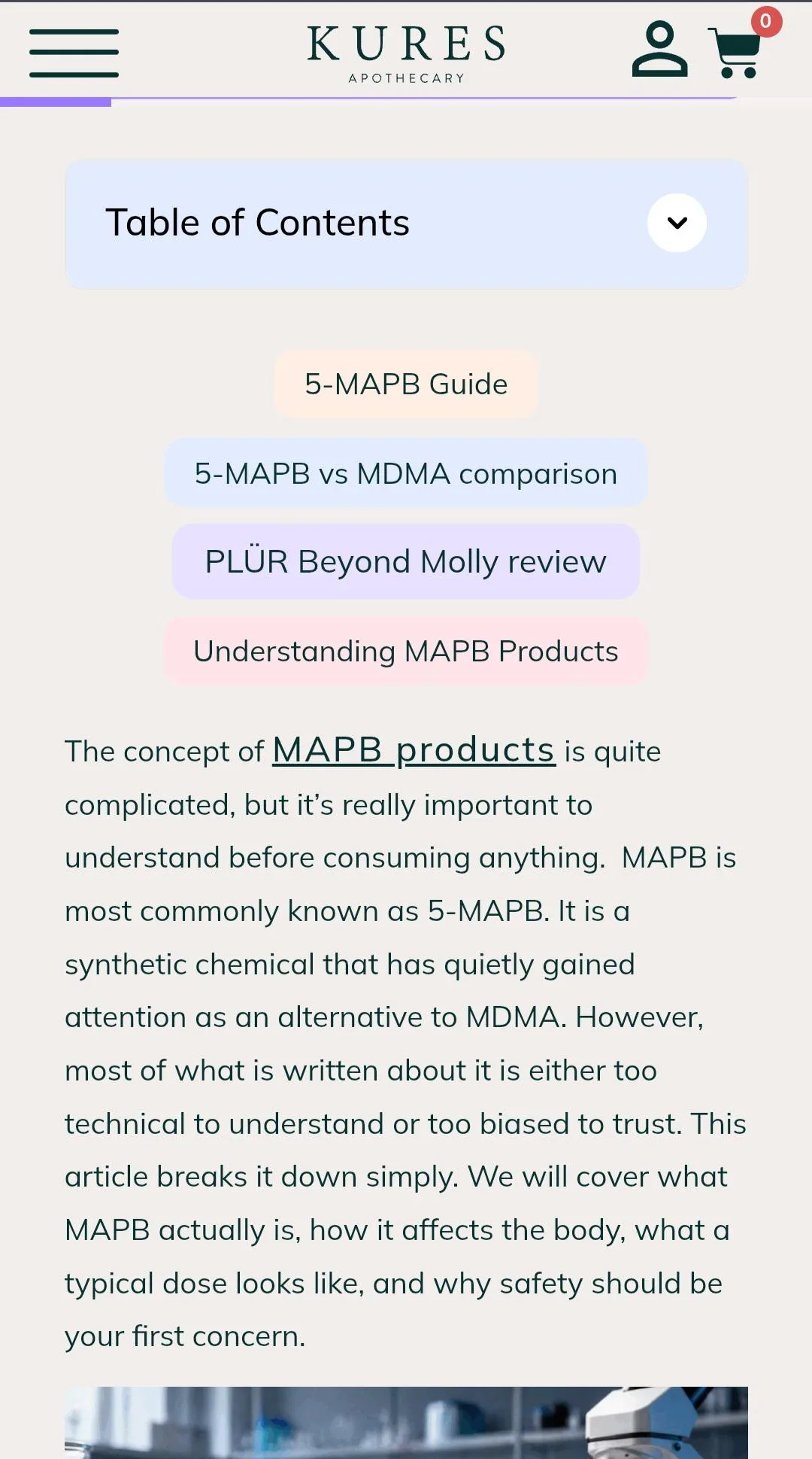 A phone screenshot of a Kures blog post with a table of contents reading 5-MAPB Guide, 5-MAPB vs MDMA comparison, PLUR Beyond Molly review, and text saying MAPB is a synthetic chemical that has gained attention as an alternative to MDMA.