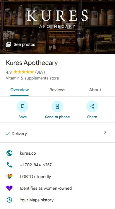 A Google Maps listing: Kures Apothecary, 4.9 stars from 369 reviews, Vitamin and supplements store, kures.co, a 702 telephone number, Identifies as women-owned.