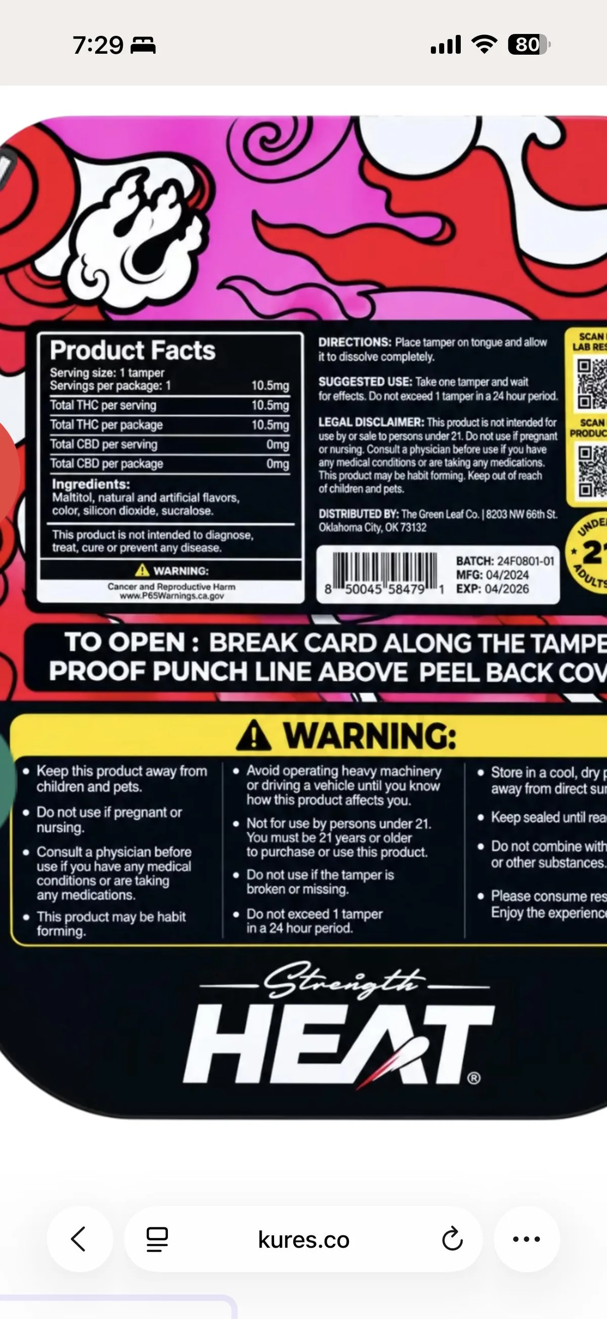 A phone screenshot from kures.co of a Straight Heat tablet card's back: Product Facts, Total THC per serving 10.5mg, distributed by an Oklahoma City company, batch dated 2024.