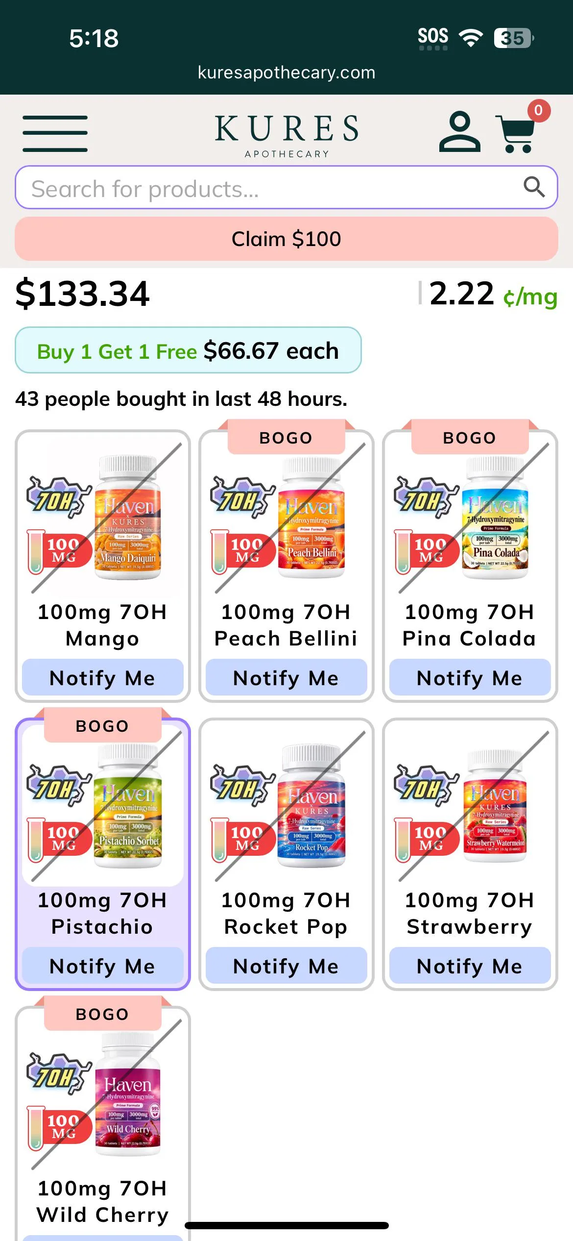 A phone screenshot from kuresapothecary.com: Haven 7-hydroxymitragynine bottles, 100mg, in seven flavours, several labels printed with the word KURES, a Buy 1 Get 1 Free offer and Notify Me buttons.