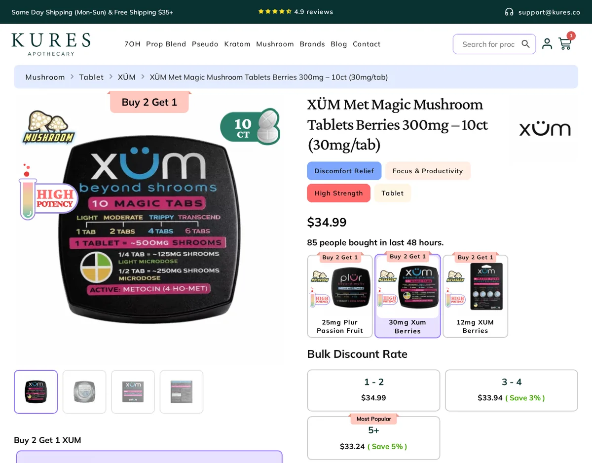 A Kures listing in April 2026: XUM Met Magic Mushroom Tablets, a black tin labelled beyond shrooms, 10 magic tabs, 1 tablet equals about 500mg shrooms, Active: Metocin (4-HO-MET), filed under Mushroom.
