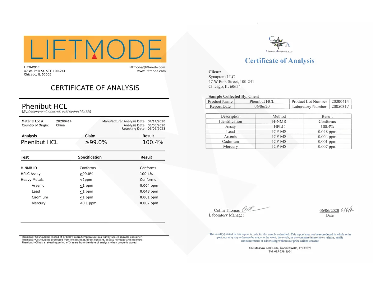 A two-page phenibut certificate side by side. Left, a LiftMode certificate for Phenibut HCl, material lot 20200414, country of origin China, claim at least 99.0%, result 100.4%, H-NMR identity conforms, heavy metals conform. Right, a Colmaric Analyticals certificate for client Synaptent LLC, same lot, HPLC assay 100.4%, lead 0.048 ppm, arsenic 0.004 ppm, cadmium 0.001 ppm, mercury 0.007 ppm, dated 06/06/2020.