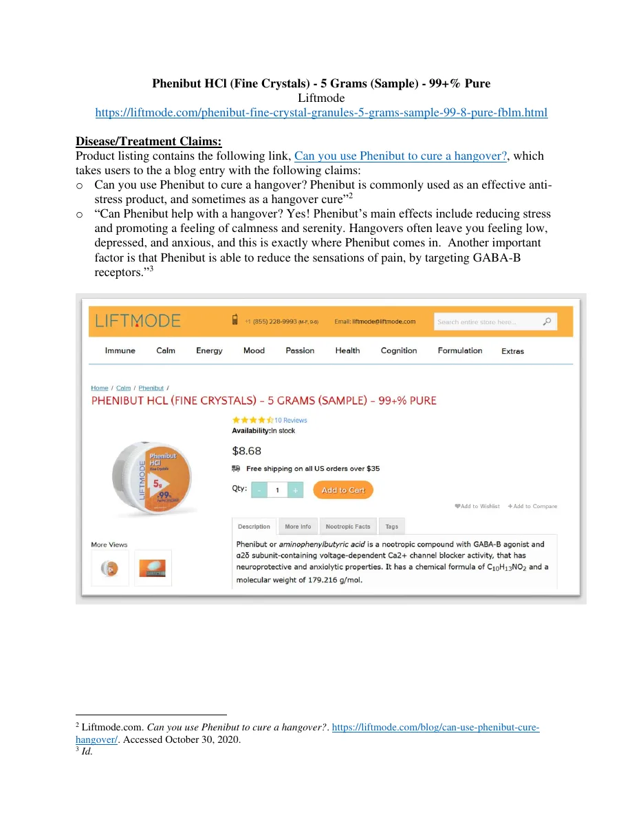 Page 8 of an appendix to a Center for Science in the Public Interest letter: Phenibut HCl (Fine Crystals), 5 Grams (Sample), 99+% Pure, Liftmode, under the heading Disease/Treatment Claims, quoting a linked LiftMode blog post titled Can you use Phenibut to cure a hangover, with a screenshot of the LiftMode product page.