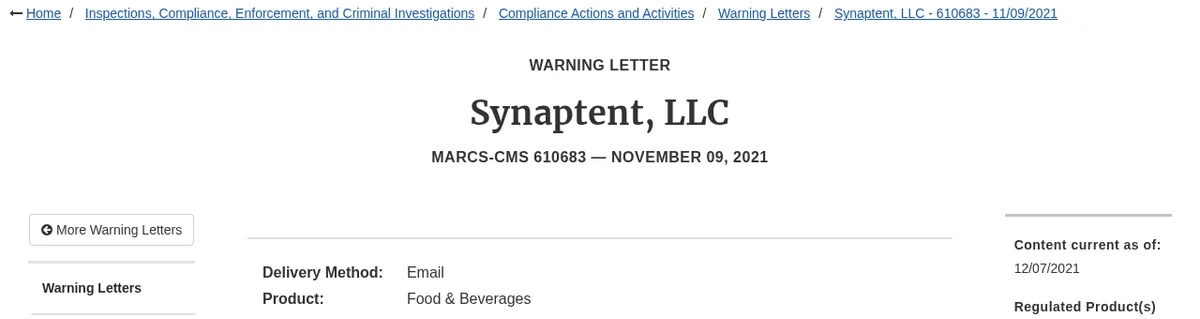 The head of an FDA web page: Warning Letter, Synaptent, LLC, MARCS-CMS 610683, November 09, 2021, delivered by email, product category Food and Beverages.