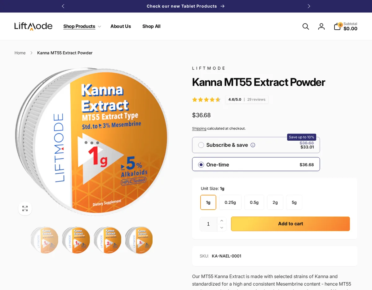The LiftMode Kanna MT55 Extract Powder page on 1 October 2026: a round orange tin labelled Kanna Extract, MT55 Extract Type, Std. to at least 3% Mesembrine, 1 g, at least 5% Alkaloids, HPLC Tested, Dietary Supplement; a 4.6 out of 5 rating from 29 reviews, unit sizes from 0.25 g to 5 g, and SKU KA-NAEL-0001.
