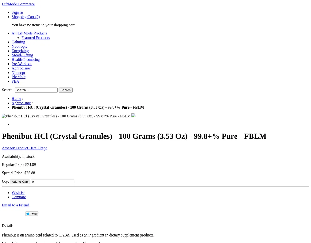 A LiftMode product page in July 2013, archived without its stylesheet: breadcrumbs Home, Aphrodisiac, then Phenibut HCl (Crystal Granules), 100 grams, 99.8+% pure, an Amazon Product Detail Page link, in stock, and the opening line Phenibut is an amino acid related to GABA, used as an ingredient in dietary supplement products.