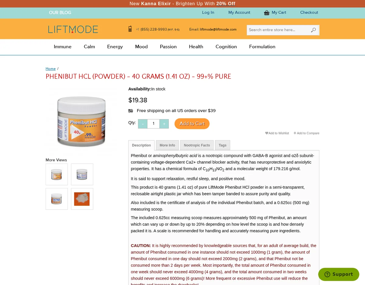 The LiftMode phenibut HCl powder page in September 2021: an orange-labelled 40 gram jar marked 99% purity, in stock, free shipping on US orders over 39 dollars, and a description calling phenibut a nootropic compound with GABA-B agonist activity and neuroprotective and anxiolytic properties, said to support relaxation, restful sleep and positive mood, followed by a red caution that a single dose should not exceed 1000 mg and use should not exceed two days a week.