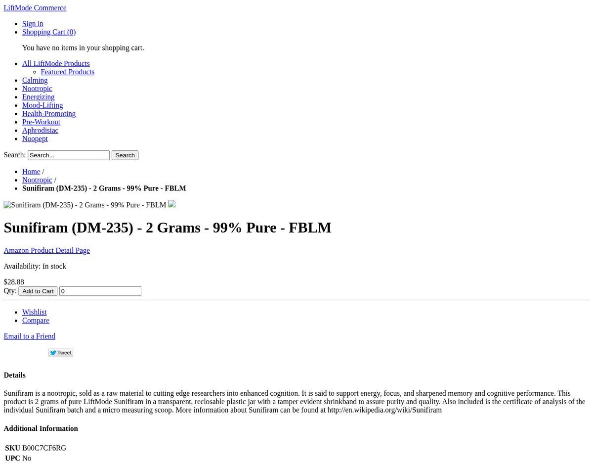A LiftMode product page in April 2013, archived without its stylesheet: Home, Nootropic, Sunifiram (DM-235), 2 Grams, 99% Pure, an Amazon Product Detail Page link, in stock, and a description: Sunifiram is a nootropic, sold as a raw material to cutting edge researchers into enhanced cognition; it is said to support energy, focus, and sharpened memory and cognitive performance; a certificate of analysis and a micro measuring scoop included.