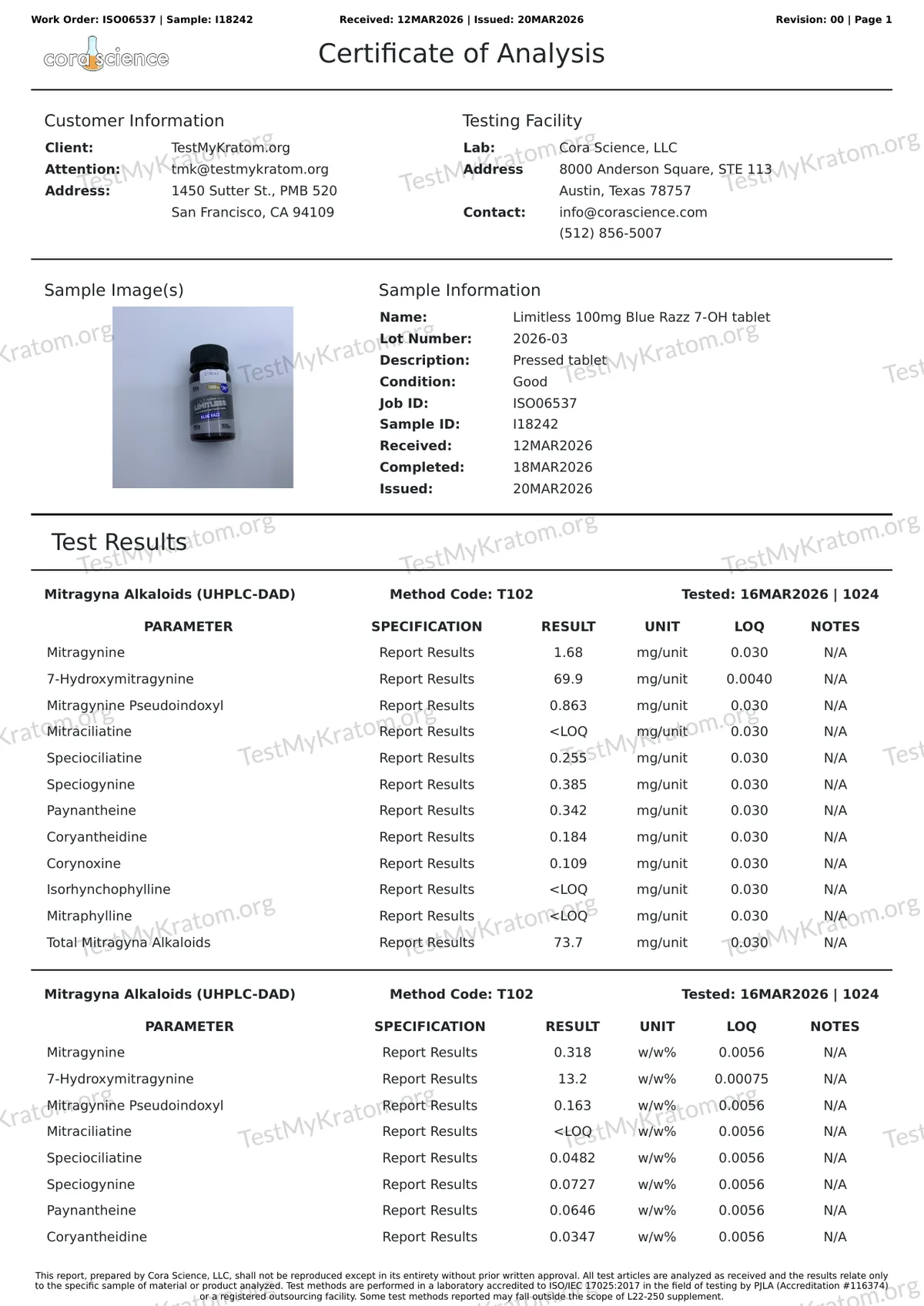 A Cora Science certificate for Limitless 100mg Blue Razz 7-OH tablet, lot 2026-03, issued 20 March 2026: 7-hydroxymitragynine 69.9 mg per unit, mitragynine 1.68, mitragynine pseudoindoxyl 0.863, total mitragyna alkaloids 73.7.