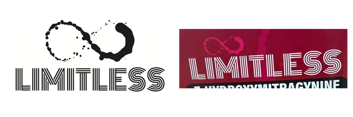 Left, a black-and-white drawing of the word LIMITLESS in striped letters under a large spattered infinity symbol. Right, a crop of the red box, where a smaller pink infinity symbol sits over the first letters of the word.