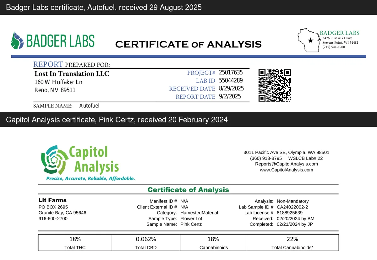 Two certificate headers: Badger Labs, prepared for Lost In Translation LLC, 160 W Huffaker Ln, Reno, NV, received 8/29/2025; Capitol Analysis, client Lit Farms, PO Box 2695, Granite Bay, CA, received 02/20/2024.