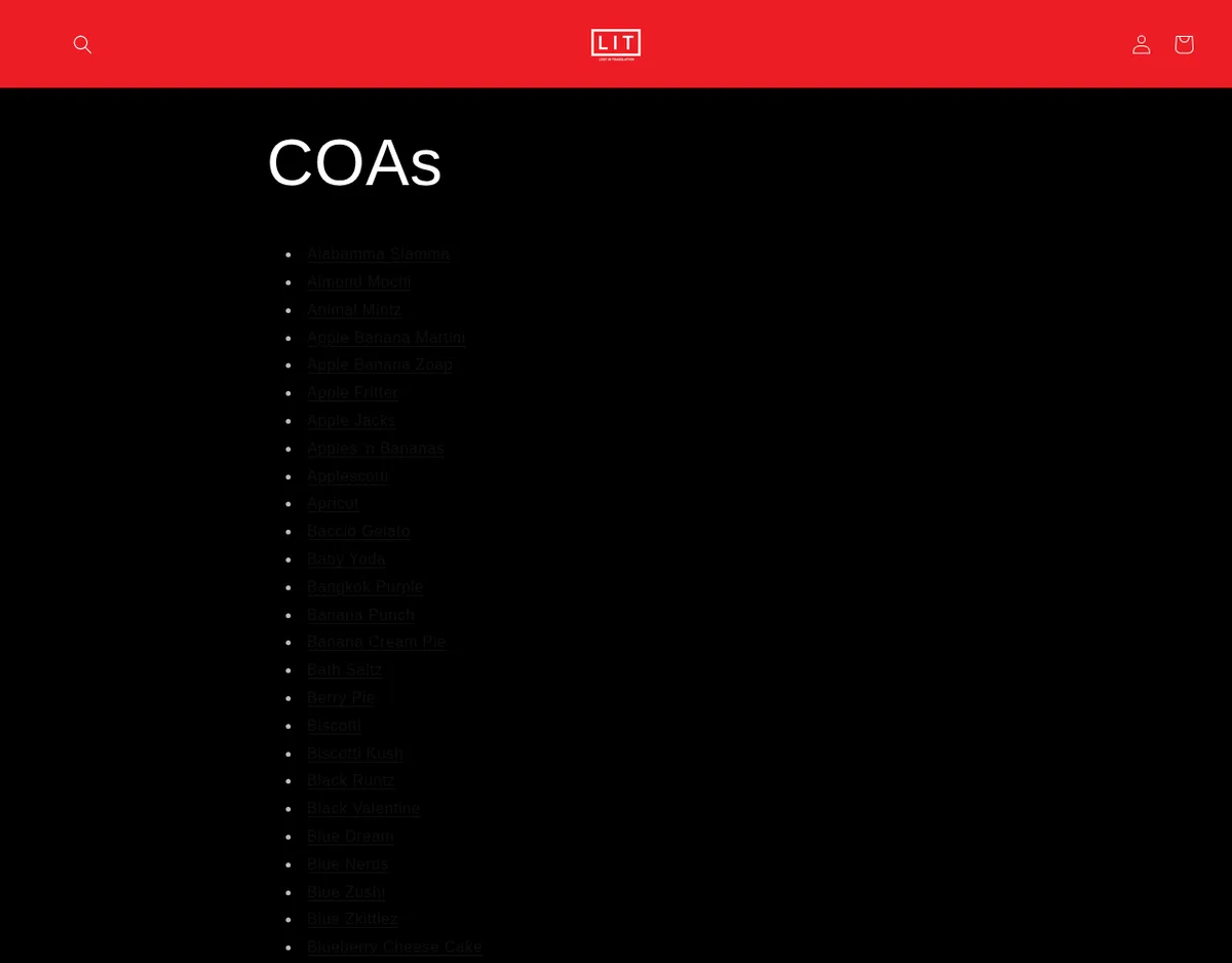 The certificates page of litfarms.com in September 2025, a list of strain names, each linking to a certificate.