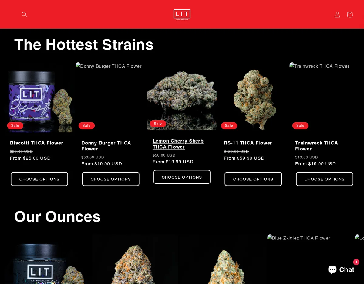The litfarms.com storefront on 1 January 2025: a Shopify shop titled Lost in Translation listing THCA flower strains on sale.