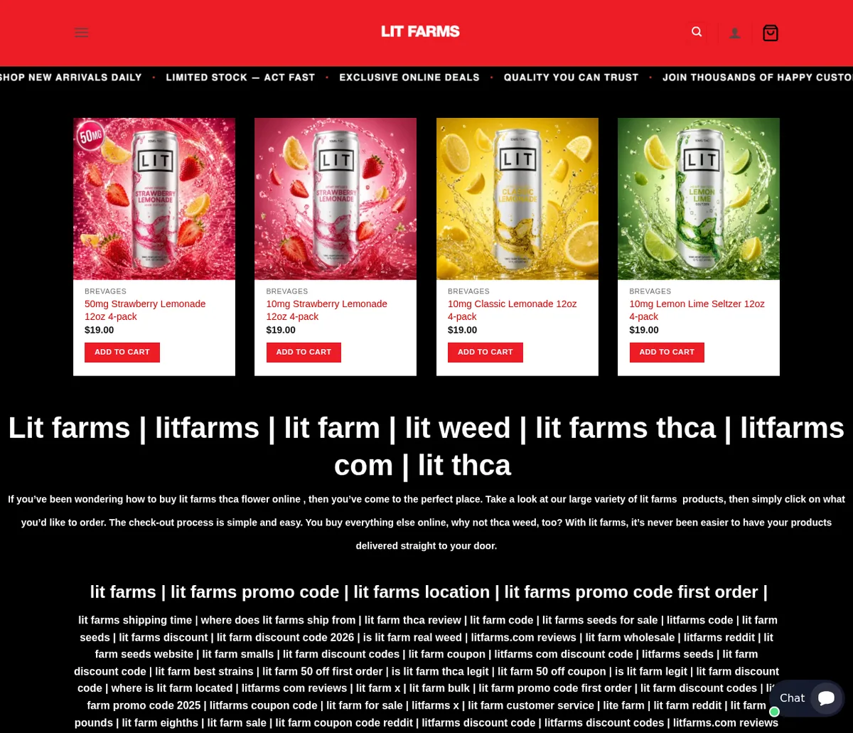 The home page of litfarmsofficial.com in October 2026: a red LIT FARMS header, LIT-branded drink cans, and a block of search phrases such as 'is lit farm legit' and 'lit farm coupon code reddit'.