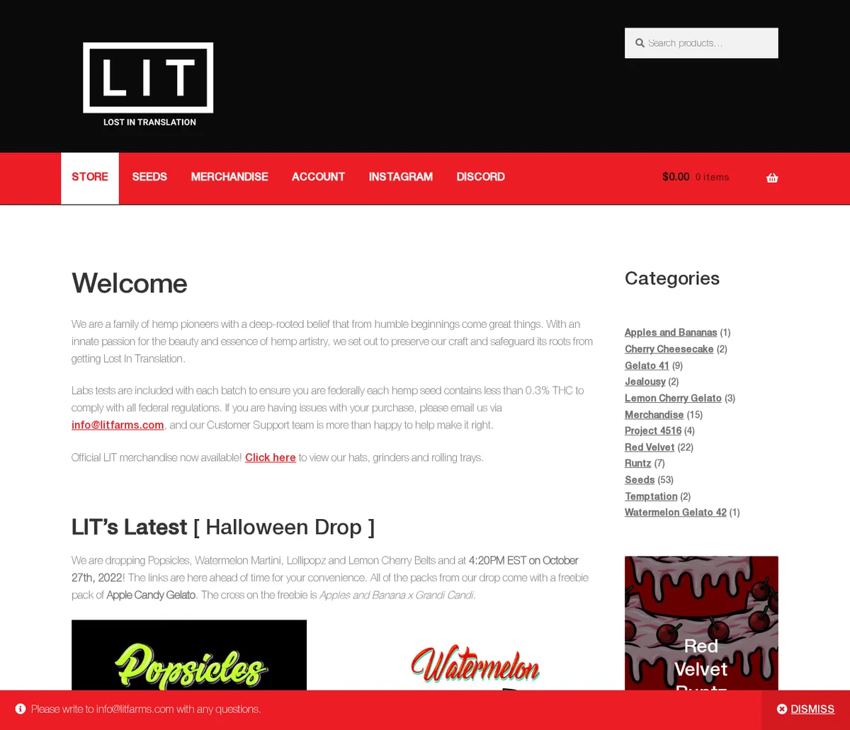 The litfarms.com home page in November 2022: a LIT Lost in Translation logo, a welcome text calling the business a family of hemp pioneers, and a Halloween seed drop.