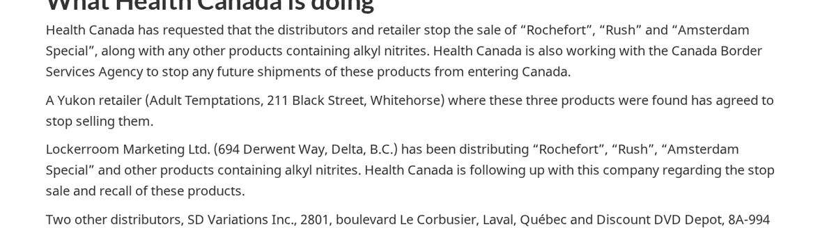 The What Health Canada is doing section of the May 16, 2013 advisory: distributors and a retailer asked to stop selling Rochefort, Rush and Amsterdam Special; a Yukon retailer agreeing to stop; Lockerroom Marketing Ltd. (694 Derwent Way, Delta, B.C.) named as distributing them and other products containing alkyl nitrites, with Health Canada following up on the stop sale and recall; and two other distributors.