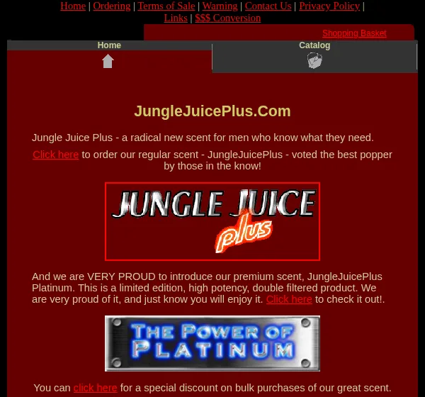 The JungleJuicePlus.com home page in May 2001 on a dark red background: Jungle Juice Plus, a radical new scent for men who know what they need; click here to order our regular scent, voted the best popper by those in the know; a Jungle Juice Plus logo; and a paragraph introducing Jungle Juice Plus Platinum above a banner reading The Power of Platinum.