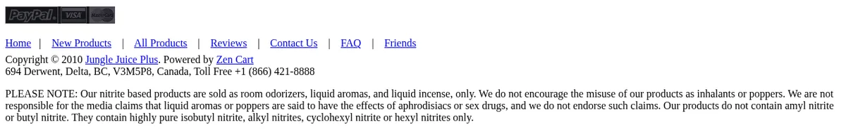 The footer of the same page: copyright 2010 Jungle Juice Plus, 694 Derwent, Delta, BC, a toll-free number, and a note that the nitrite based products are sold as room odorizers, liquid aromas and liquid incense only, that they do not contain amyl nitrite or butyl nitrite, and that they contain highly pure isobutyl nitrite, alkyl nitrites, cyclohexyl nitrite or hexyl nitrites only.