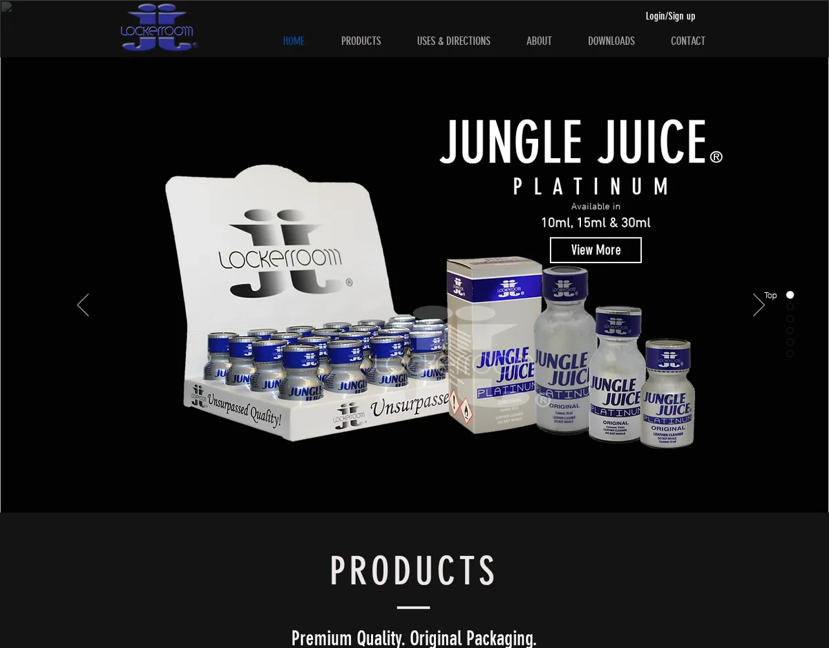 The JungleJuicePlus.com home page in June 2021: a Lockerroom JJ logo, menu items Products, Uses and Directions, About, Downloads and Contact, and a banner reading Jungle Juice Platinum, available in 10ml, 15ml and 30ml, over a display box of small silver bottles and three boxed bottles labelled Original, Leather Cleaner, Do Not Inhale.