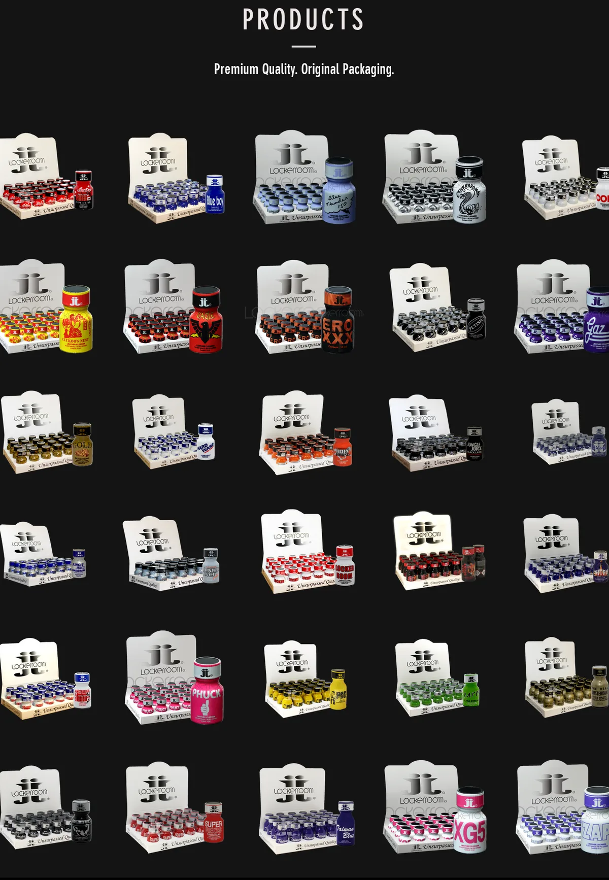 A grid of thirty display boxes of small bottles, each box printed with the JJ Lockerroom logo and Unsurpassed Quality, with brands including Amsterdam Special, Blue Boy, Blue Thunder, Cobraroma, Cuckoo's Nest, Eagle, Eroxxx, Fetish, Gaz, Gold, Hardware, Iron Horse, Jungle Juice Black Label, Jungle Juice Plus, Locker Room, Phuck, Rochefort, Super Reds, Taiwan Blue, XG5 and Zap.