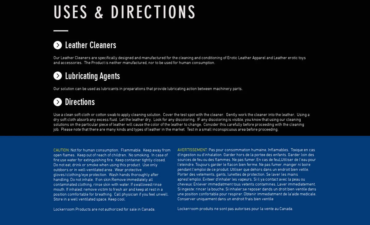 The Uses and Directions section of the site in April 2026: Leather Cleaners for erotic leather apparel and leather erotic toys, not for human consumption; Lubricating Agents for machinery parts; directions for cleaning leather with a cloth; and a caution panel in English and French ending Lockerroom Products are not authorized for sale in Canada.