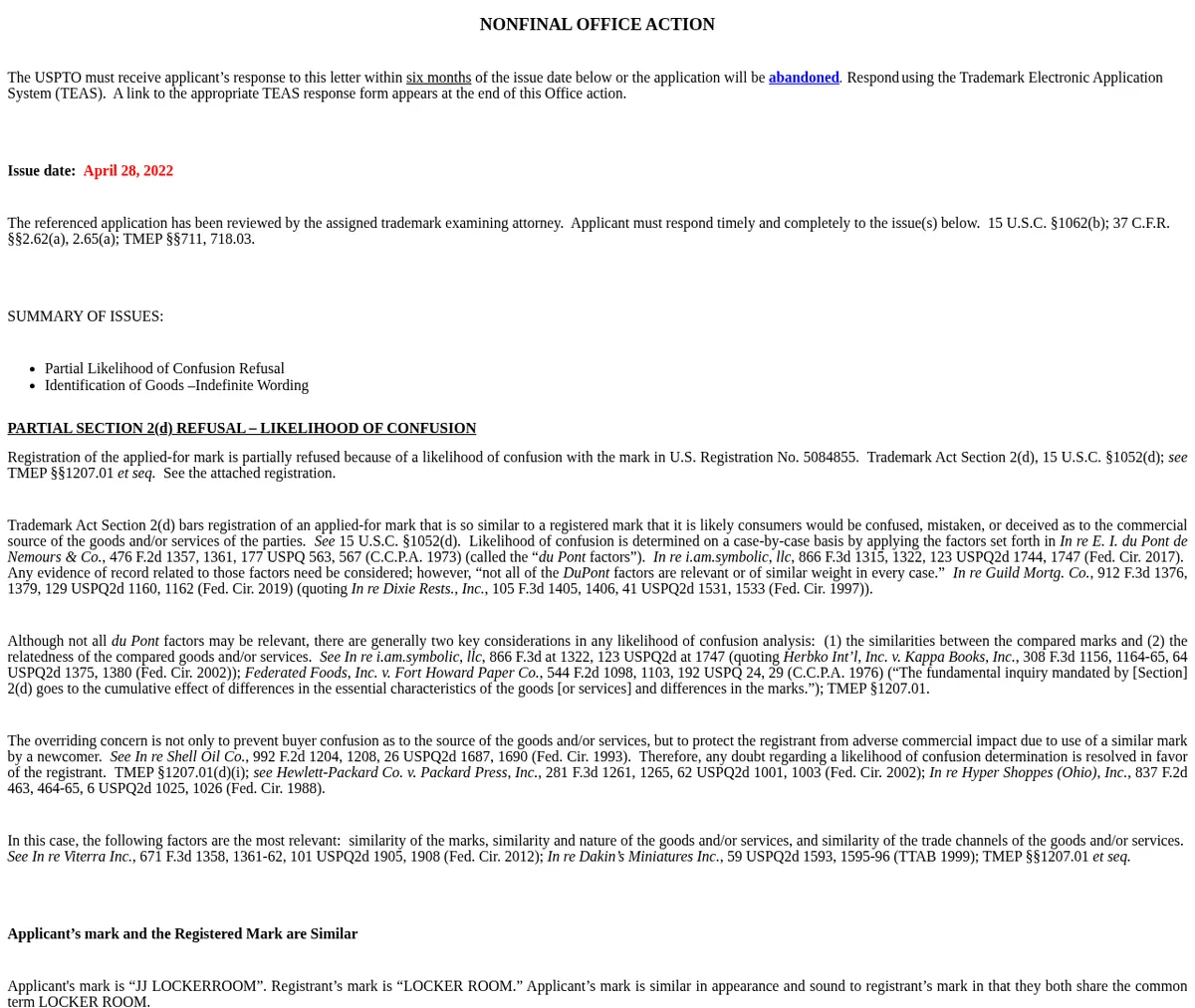 The first page of an April 28, 2022 nonfinal office action on JJ LOCKERROOM: a partial refusal for likelihood of confusion with U.S. Registration No. 5084855 and a requirement to clarify indefinite wording in the goods.