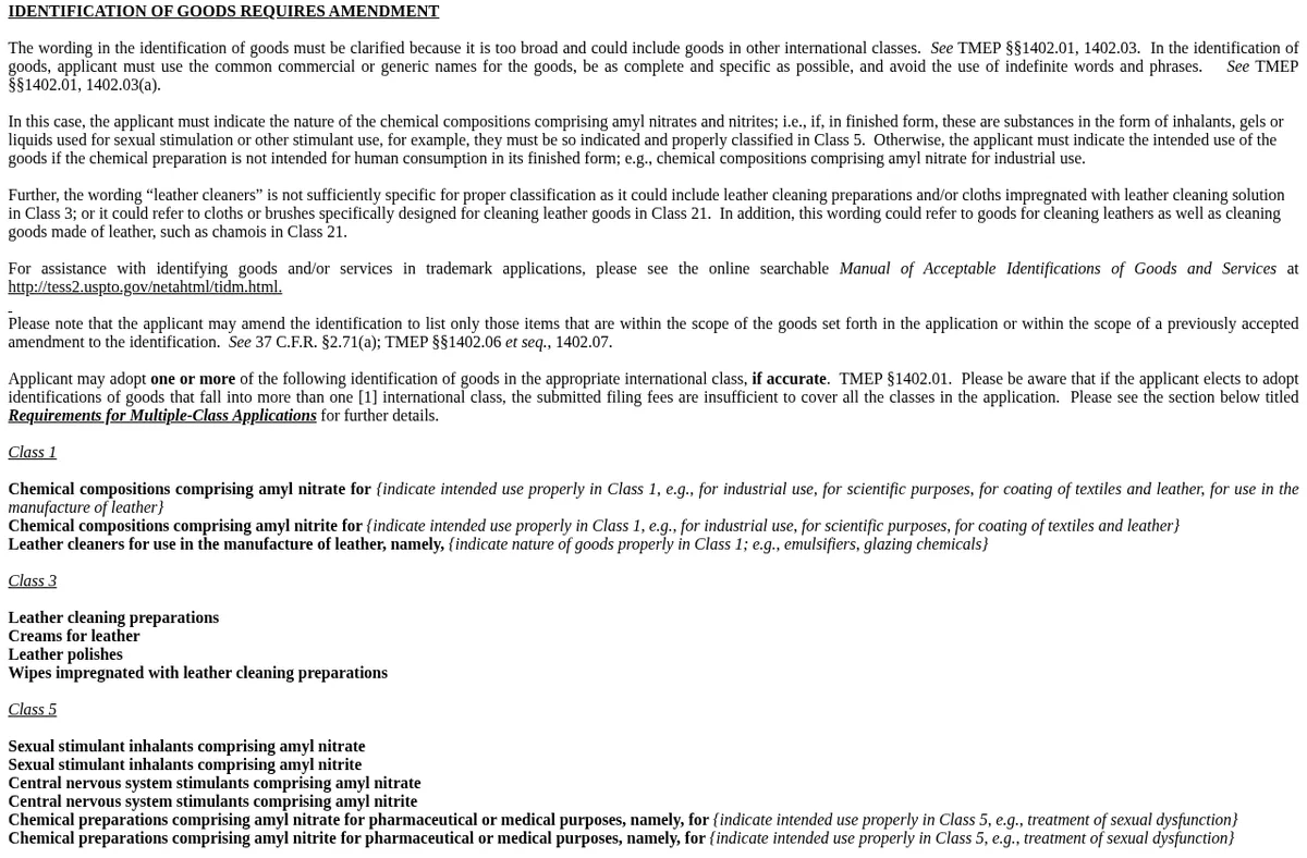 Part of a December 2012 USPTO office action on the LOCKERROOM application: the applicant must indicate the nature of the chemical compositions comprising amyl nitrates and nitrites, whether they are inhalants, gels or liquids used for sexual stimulation, followed by suggested wordings in Class 1, Class 3, Class 5 (sexual stimulant inhalants comprising amyl nitrate or nitrite, central nervous system stimulants) and Class 21.