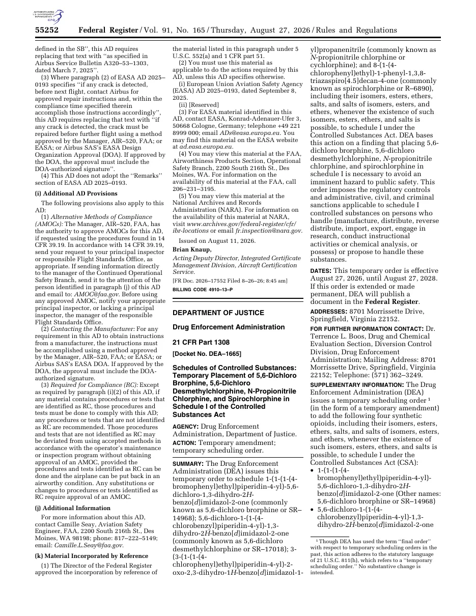 Page 55252 of the Federal Register for 27 August 2026. The right-hand columns begin the DEA temporary scheduling order, Docket DEA-1665, placing 5,6-dichloro brorphine (SR-14968), 5,6-dichloro desmethylchlorphine (SR-17018), N-propionitrile chlorphine (cychlorphine) and spirochlorphine in Schedule I.