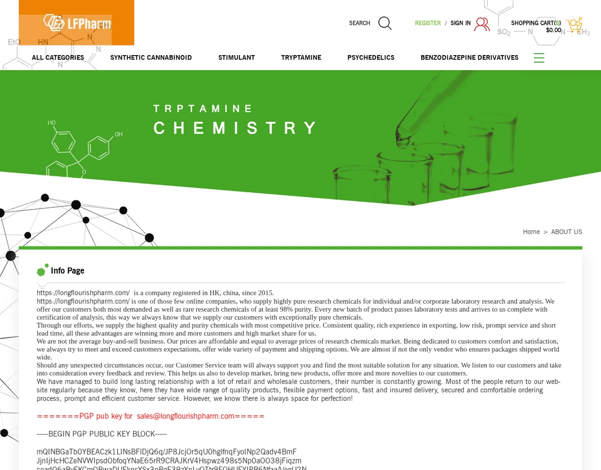 The longflourishpharm.com About Us page in November 2024: https://longflourishpharm.com/ is a company registered in HK, china, since 2015, the same paragraphs as the old site, and a red line reading PGP pub key for sales@longflourishpharm.com.