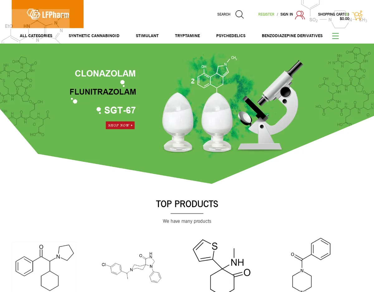 The longflourishpharm.com home page in August 2024 with an orange LFPharm logo, the same menu as the old site, and a green banner advertising clonazolam, flunitrazolam and SGT-67 beside powder flasks and a microscope.