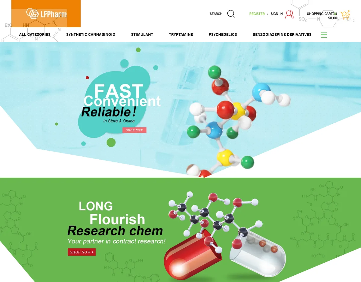 The longflourishpharm.com home page on 17 November 2025: the LFPharm logo, the Fast Convenient Reliable banner and the green Long Flourish Research chem banner.