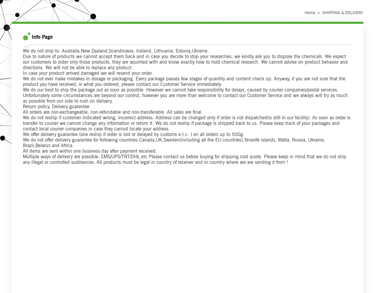 The longflourishpharm.com Shipping and Delivery page in November 2024, listing countries not shipped to, a no-refund policy, one reship for lost or seized orders up to 500 g, and a final line: Please keep in mind that we do not ship any illegal or controlled susbtances.