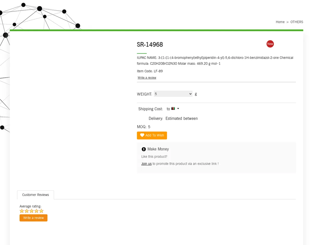 The longflourishpharm.com product page for SR-14968 in March 2025, marked New, with IUPAC name and formula C20H20BrCl2N3O, item code LF-89, minimum order 5, and the Make Money affiliate box. Prices hidden.