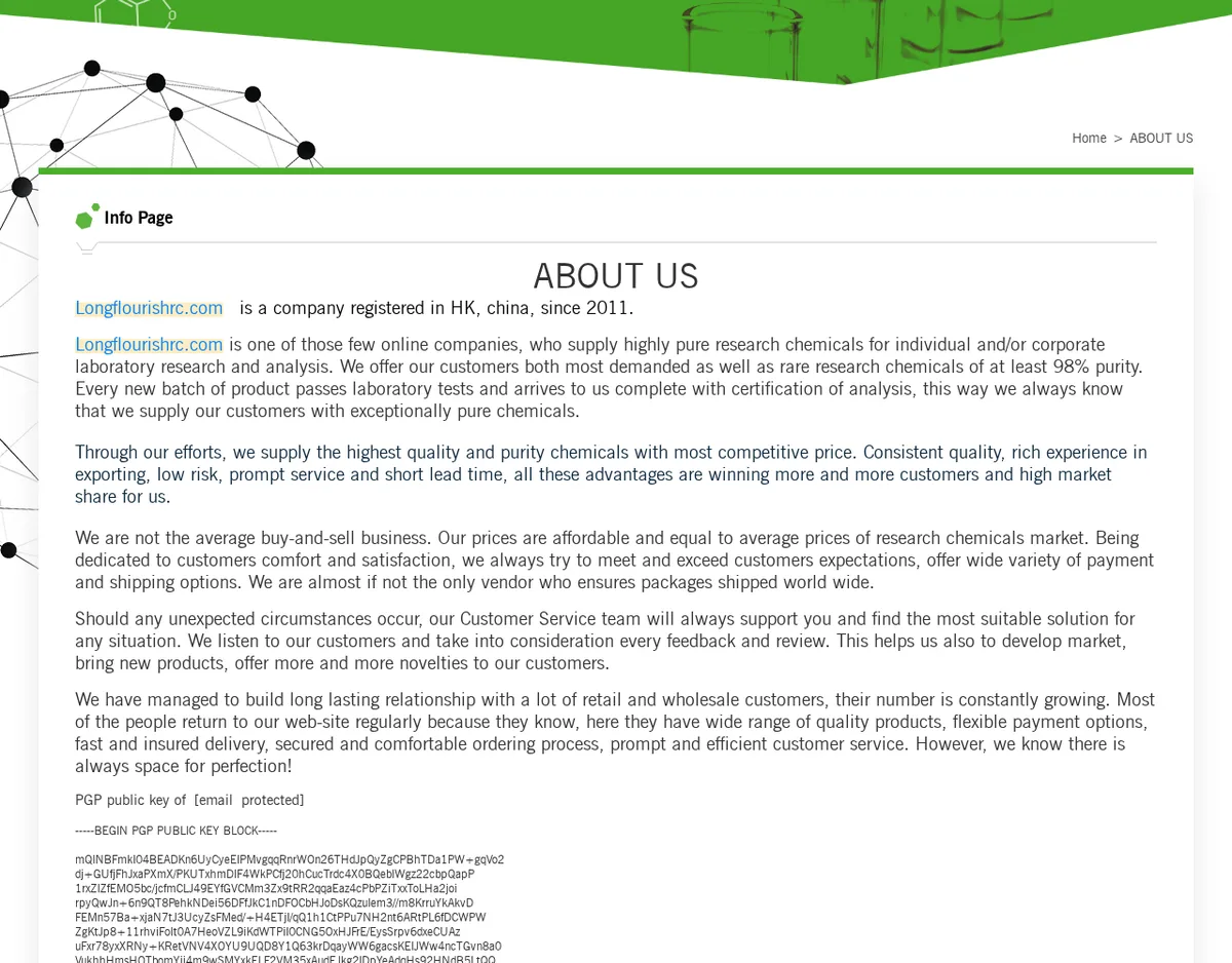 The longflourishrc.com About Us page in April 2019, beginning: Longflourishrc.com is a company registered in HK, china, since 2011, followed by claims of at least 98% purity and a PGP public key block.