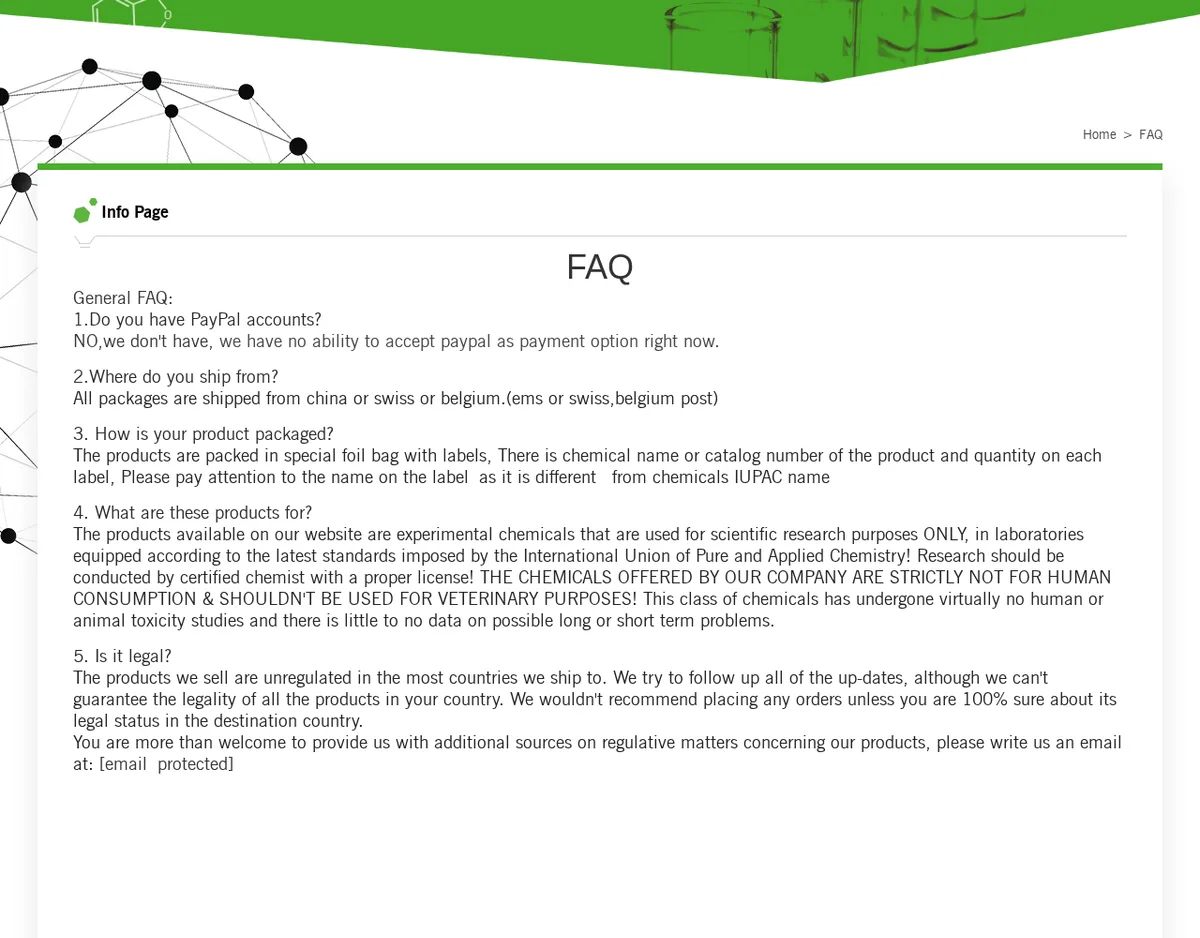 The longflourishrc.com FAQ in April 2019, with answers saying packages ship from China, Switzerland or Belgium, that the label name differs from the IUPAC name, that the chemicals are strictly not for human consumption, and that the products are unregulated in most countries.