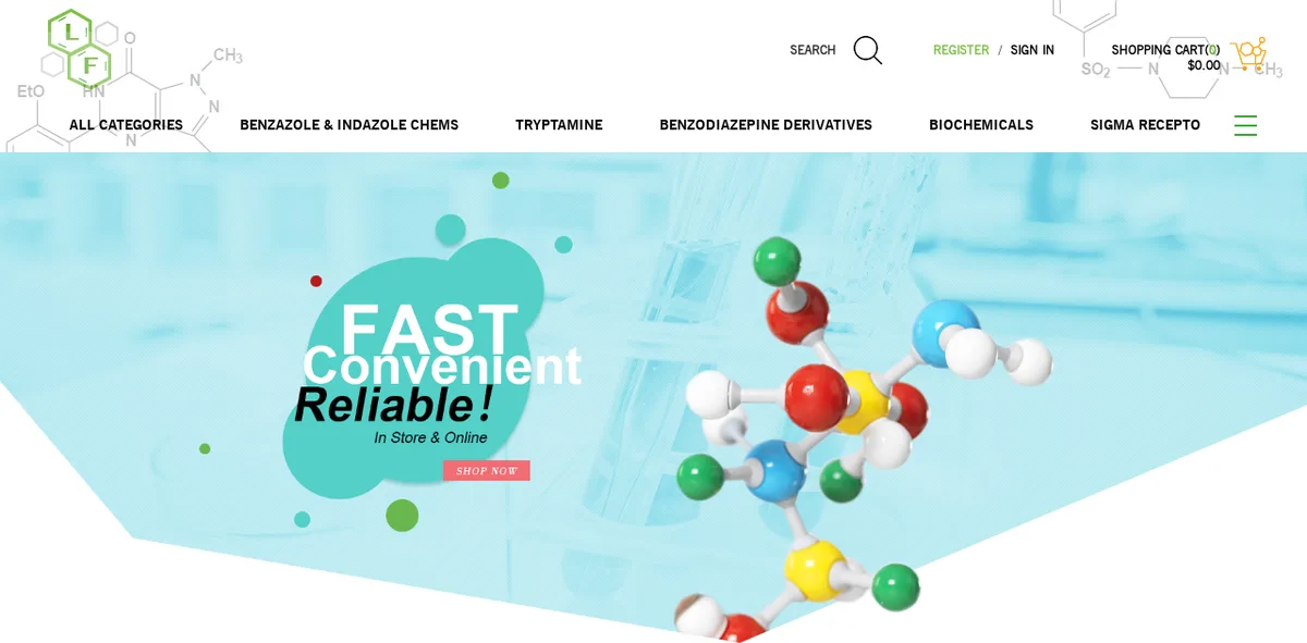 The longflourishrc.com home page in February 2018: a green hexagon logo with the letters L and F, a menu reading Benzazole and Indazole Chems, Tryptamine, Benzodiazepine Derivatives, Biochemicals and Sigma Recepto, and a banner reading Fast, Convenient, Reliable, In Store and Online.