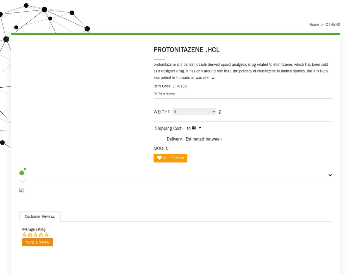 A longflourishrc.com product page in August 2021 headed PROTONITAZENE .HCL, describing it as a benzimidazole-derived opioid analgesic related to etonitazene which has been sold as a designer drug, item code LF-0135, minimum order 5 grams. Prices hidden.