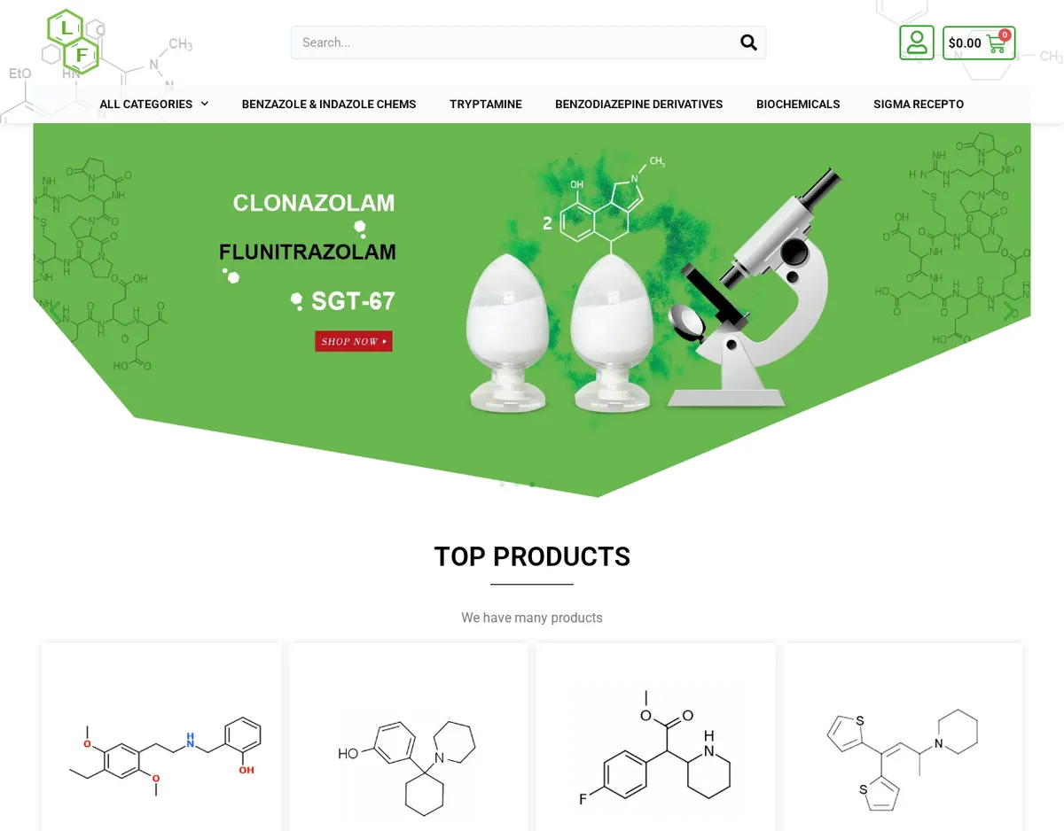 The longflourishrcs.com home page in November 2025: a copy of the Long Flourish LF logo, the old 2018 menu and the clonazolam, flunitrazolam and SGT-67 banner, built on a different shop system.