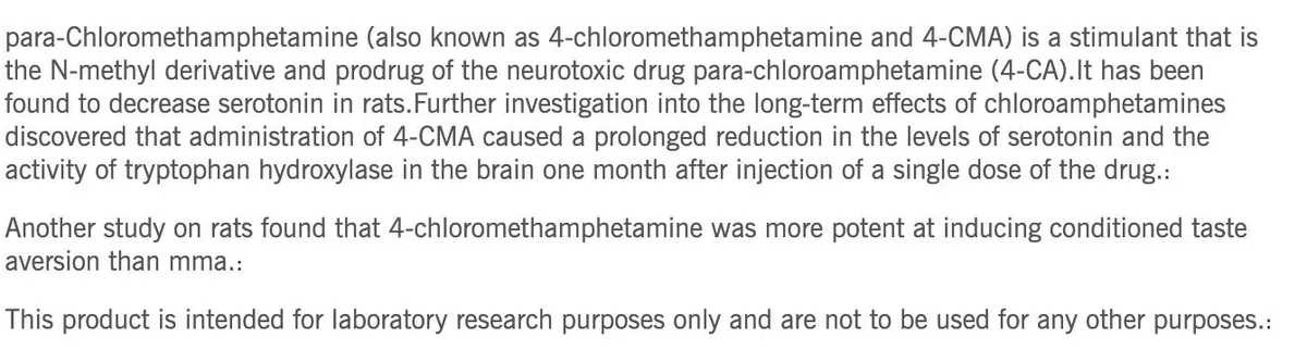 A cropped screenshot of the store's 4-CMA listing text: para-Chloromethamphetamine is a stimulant that is the N-methyl derivative and prodrug of the neurotoxic drug para-chloroamphetamine, found to decrease serotonin in rats, followed by the line This product is intended for laboratory research purposes only.