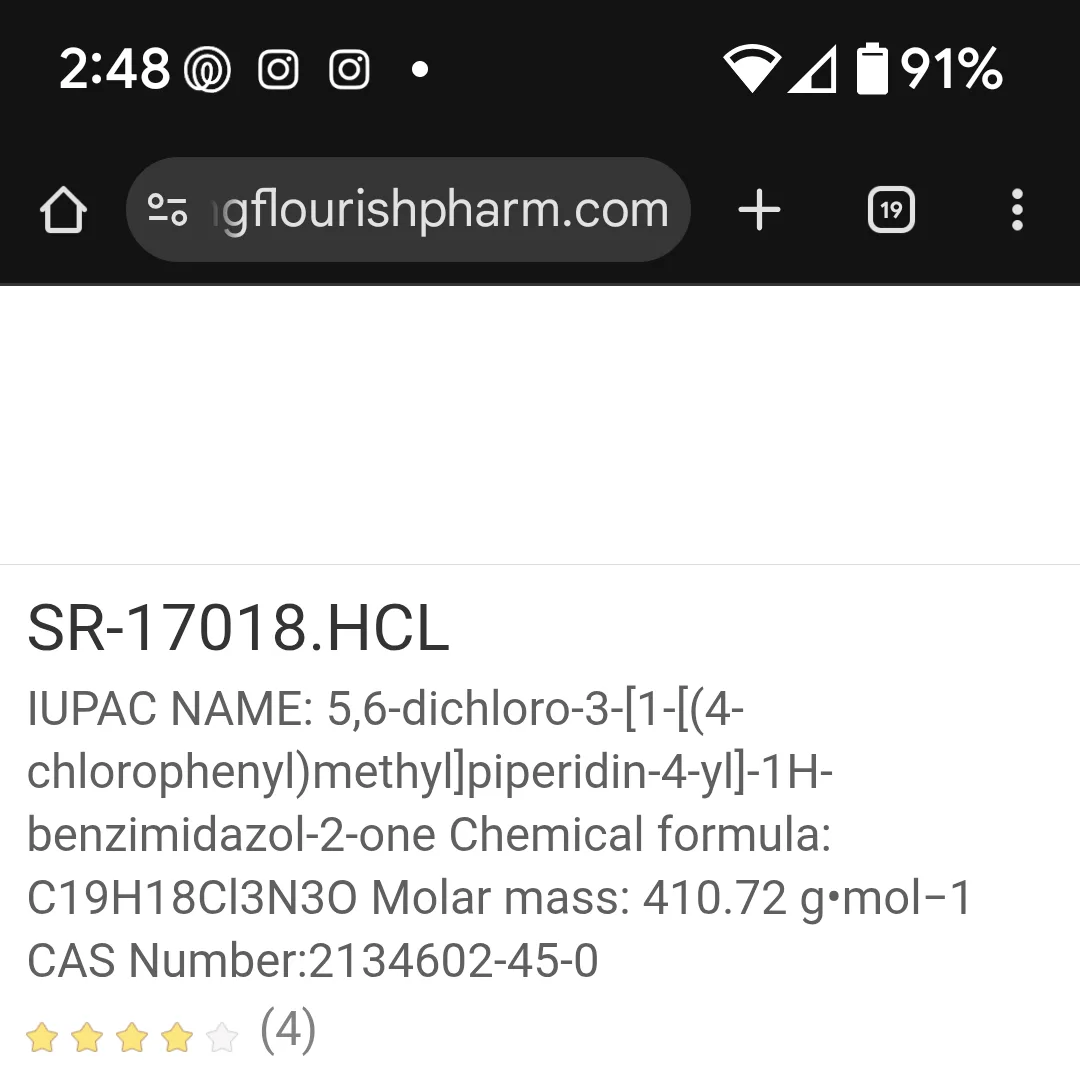 A phone screenshot of the SR-17018.HCL listing on longflourishpharm.com, showing the IUPAC name, formula, CAS number 2134602-45-0 and four of five stars from four reviews. Prices cropped.