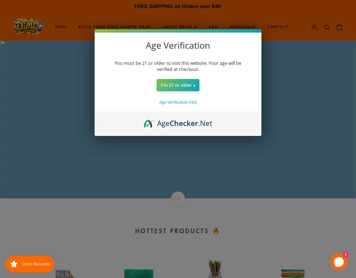 The dimohemp.com home page in June 2021, an orange Shopify store with a rocket logo reading Dimo, behind an AgeChecker.Net dialog: You must be 21 or older to visit this website.