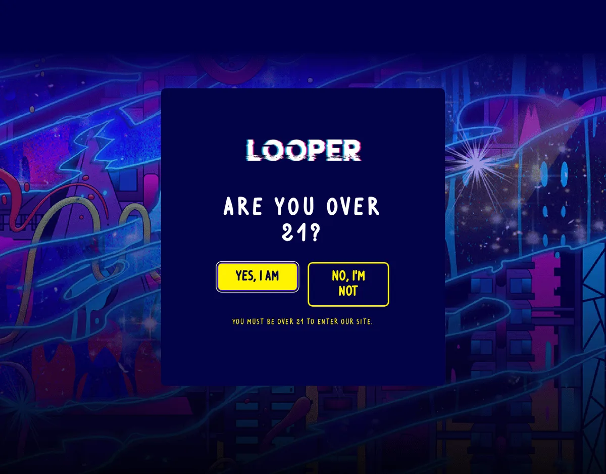 dimohemp.com in August 2024: a LOOPER logo over a neon cityscape, and a dialog asking Are you over 21? with Yes, I am and No, I'm not.
